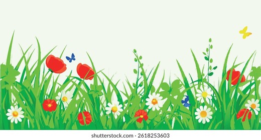 Spring flowers and grass header. Green grass with cute, colorful spring flowers, illustrated on a white background. Suitable for website headers, footers, banners, or as a flower bed design.