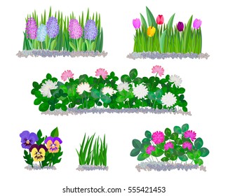 Spring flowers and grass icons and borders elements isolated on white.