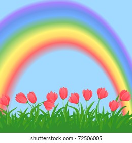  spring flowers and grass illustration with rainbow