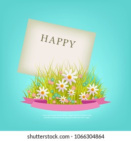 Spring flowers and grass with pink ribbon isolated on blue background and white paper card with empty space for text - Easter greeting decoration elements. Cartoon vector illustration.