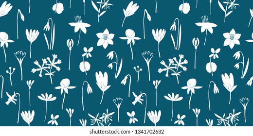 Spring flowers green seamless vector pattern. Scandinavian style print. Hand drawn illustrations. Botanical background.