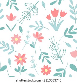 Spring flowers and greenery seamless pattern. Botanical beautiful floral leafy background. Template for wallpaper, fabric, packaging and design vector illustration