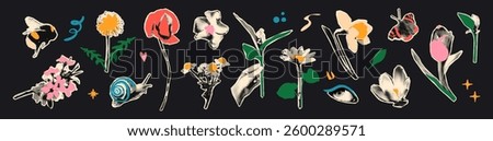 Spring flowers halftone collage elements set. Floral stickers with vintage dotted texture and doodles, cherry blossom, dandelion, tulip. Modern retro mixed media vector illustration
