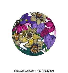 spring flowers hand drawing, vector illustration, circle, color
