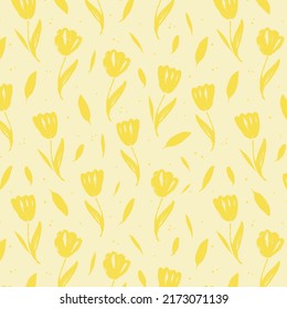 Spring flowers hand drawn pattern. Yellow ink brush texture. Grunge dry brush stroke drawing. Tulips blooming. Floral wrapping paper, textile vector fill.