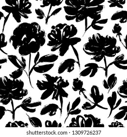 Spring flowers hand drawn seamless pattern. Black and white ink brush texture. Grunge dry brushstroke drawing. Roses, peonies, chrysanthemums blooming. Floral wrapping paper, textile vector fill.