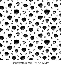 Spring flowers hand drawn seamless pattern. Black flower imprints. Botanical ink ornament with floral motif. Hand drawn vector ink illustration. Camomile or daisy painted by brush. Flower buds
