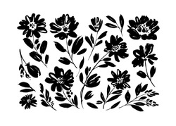 Spring Flowers Hand Drawn Vector Set. Black Brush Flower Silhouettes. Ink Drawing Wild Plants, Herbs Or Flowers, Monochrome Botanical Illustration. Anemones, Peonies, Chrysanthemums Isolated Cliparts.