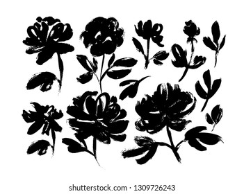 Spring flowers hand drawn vector set. Black ink brush textures. Grunge dry paint brushstrokes on white background. Roses, peonies, chrysanthemums isolated cliparts. Floral drawings collection.