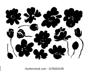 Spring flowers hand drawn vector set. Black brush flower silhouettes. Roses, peonies, chrysanthemums isolated cliparts. Floral drawings collection. Grunge dry paint brushstrokes on white background.