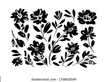 Spring flowers hand drawn vector set. Black brush flower silhouettes. Ink drawing wild plants, herbs or flowers, monochrome botanical illustration. Anemones, peonies, chrysanthemums isolated cliparts.