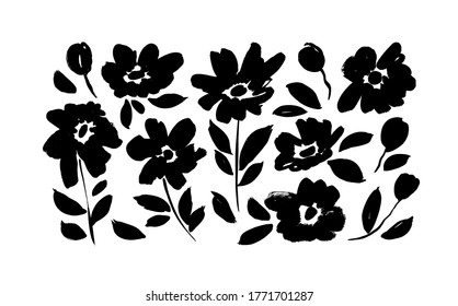 Spring flowers hand drawn vector set. Black brush flower silhouettes. Ink drawing wild plants, herbs or flowers, monochrome botanical illustration. Roses, peonies, chrysanthemums isolated cliparts.