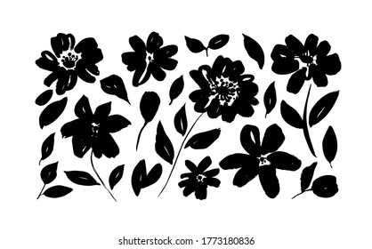 Spring flowers hand drawn vector set. Black brush flower silhouettes. Ink drawing wild plants, herbs or flowers, monochrome botanical illustration. Roses, peonies, chrysanthemums isolated cliparts.