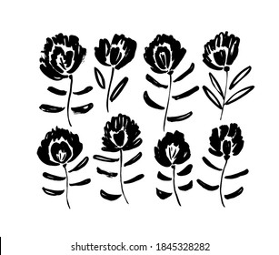 Spring flowers hand drawn vector set. Black brush flower silhouettes. Ink drawing wild plants, herbs or flowers, monochrome botanical illustration. Roses, peonies, chrysanthemums isolated cliparts.