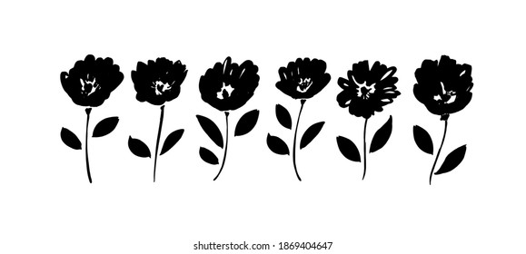 Spring flowers hand drawn vector set. Black brush flower silhouettes. Roses, peonies, daisy isolated cliparts. Floral drawings collection. Grunge dry paint brushstrokes on white background.