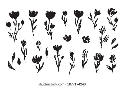 Spring flowers hand drawn vector set. Brush stroke flowers and leaves. Monochrome artistic botanical illustration. Isolated floral elements, hand drawn illustration. 