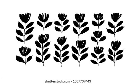 Spring flowers hand drawn vector set. Black brush flower silhouettes. Ink drawing wild plants, herbs, monochrome botanical illustration isolated on white background. Hand drawn black silhouettes.