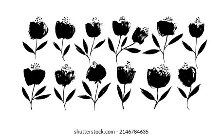 Spring flowers hand drawn vector set. Black brush flower silhouettes. Ink drawing wild plants, herbs or flowers, monochrome botanical illustration. Monochrome botanical cliparts isolated on white. 