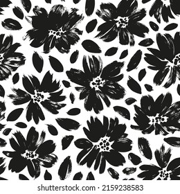 Spring flowers hand drawn vector seamless pattern. Black brush flower silhouettes. Roses, peonies and chrysanthemums black silhouettes. Floral drawings with texture. Summer botanical background