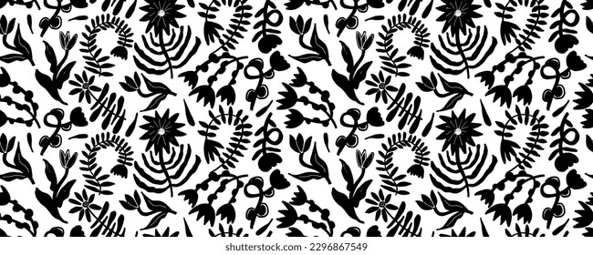 Spring flowers hand drawn vector seamless pattern. Black brush flower silhouettes. Roses, peonies and tulips black silhouettes. Floral drawings with texture. Summer botanical background