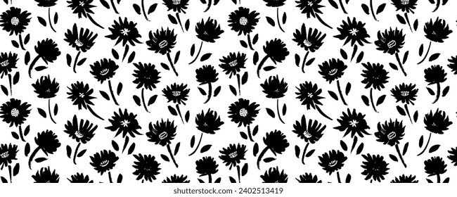 Flores de primavera dibujadas a mano vectores sin costuras. Siluetas de flores de pincel negro. Roses, peonías y siluetas negras tulipanas. Dibujos florales con textura. Fondo botánico de verano