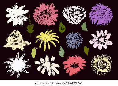 Spring flowers hand drawn vector set. Anemones, peonies, chrysanthemums. Colored brush flower silhouettes. Hand drawn ink drawing wild plants, herbs or flowers, monochrome botanical illustration.