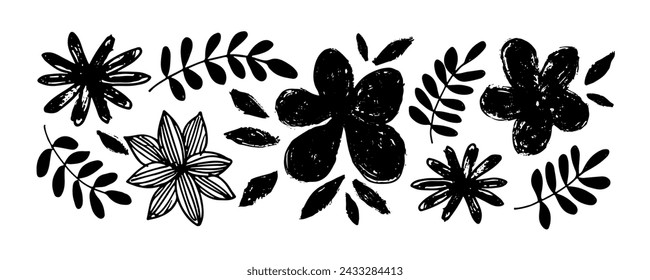 Spring flowers hand drawn vector set. Black brush flower silhouettes. Ink drawing wild plants, herbs or flowers, monochrome botanical illustration. Roses, peonies, chrysanthemums isolated cliparts.