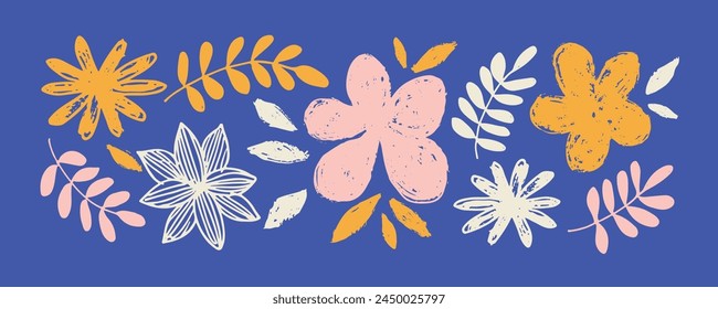 Spring flowers hand drawn vector set. olor brush flower silhouettes. Ink drawing wild plants, herbs or flowers, monochrome botanical illustration. Roses, peonies, chrysanthemums isolated cliparts.