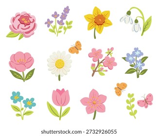 Spring flowers hand drawn vector set. Daffodils, chamomile, peony, primrose and so one.