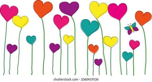 Spring flowers in heartshape in a border line with a butterfly