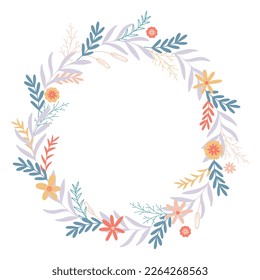 Spring flowers and herbs round wreath. Natural botanical circular frame with copy space. Summer floral frame. Delicate blooming leafy rim for card or invitation, vector illustration