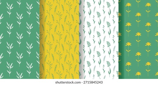 Frühlingsblumen und Kräuter nahtlose Muster gesetzt. Blumenhintergründe in Grün und Gelb. Botanische Druckkollektion für Tapete, Textilien, Stoff, Design, Vektorgrafiken