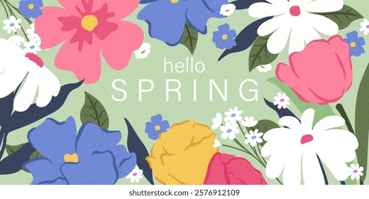 Spring flowers. Holiday greeting card card. Bright colorful botanical background, pattern.