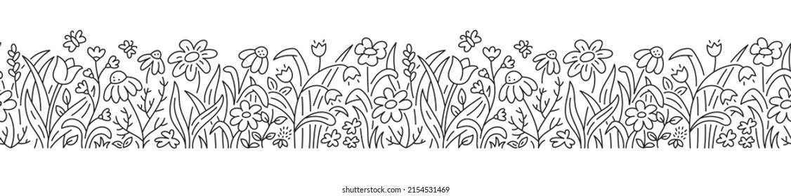 Borde horizontal de flores de primavera. Ilustración del contorno de repetición floral de doodle de línea con margarita, trébol, tulipán y otras hierbas de campo. Elemento decorativo sin fisuras vectorial en estilo natural