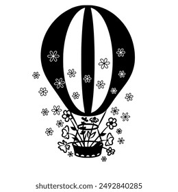 Spring flowers hot air balloon black line drawing vector illustration