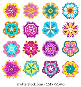 Spring flowers icons. Retro flowers clip art, cute colorful floral stickers, labels and tags, pretty nature florist elements vector decorative thin line plant set