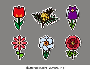Spring Flowers icons set. Bright messengers of spring. Cheerful yellow mimosa, red tulip, lilac crocus, delicate daisy, beautiful daffodil and the queen of flowers is a rose.