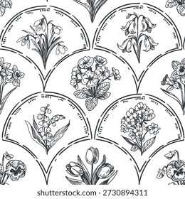  spring flowers illustrations, vector seamless pattrn, hand drawn one color, daffodils, tulips, iris