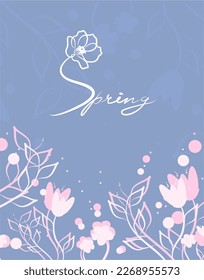 Spring. Flowers and inscription in soft tones. Spring is here. Spring mood. Spring flowers. Inscription. On a blue background. Postcard. The image of a butterfly.