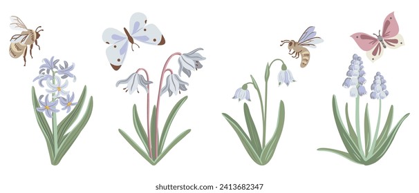 spring flowers and insects, vector drawing flowering wild plants, butterflies and bees at white background, pastel color floral elements, hand drawn botanical illustration