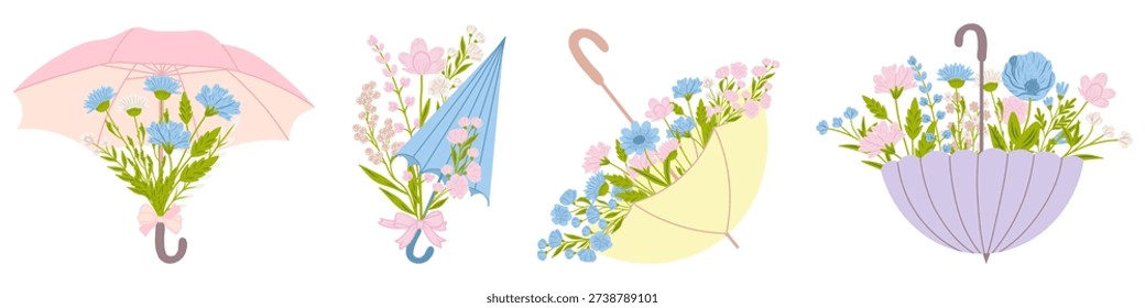 Spring flowers inside umbrellas. Hello, spring! Set of flat illustrations.