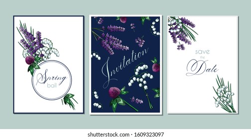 Spring flowers invitation card set vector illustration. Blue and violet wildflower greeting card templates with copy space.