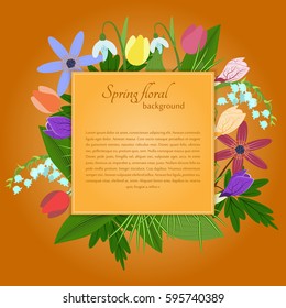 Spring flowers invitation on a orange background. For use as logos on cards, in printing, posters, invitations, web design and other purposes.