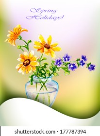 Spring flowers invitation template card. 