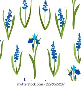 Spring flowers, irises and muscari. seamless garden pattern