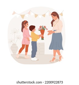 Spring Flowers Isolated Cartoon Vector Illustration. Small Kids Giving Mommy Bunch Of Flowers, Easter Celebration With Family, Religious Holiday With Gathered Relatives Vector Cartoon.