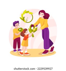 Spring flowers isolated cartoon vector illustration. Small kids giving mommy bunch of flowers, Easter celebration with family, religious holiday with gathered relatives vector cartoon.
