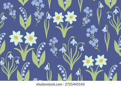 Flores de primavera aisladas sobre un fondo azul. Patrón sin fisuras debajo de la máscara de recorte, conveniente para la edición. Lily del valle, narciso, snowdrops y no me olvides en un estilo plano. Fondo para papel, cubierta, textil, papel de regalo, embalaje. 