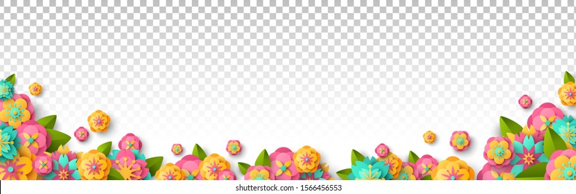 Spring flowers isolated on transparent background. Bright summer overlay effect, fresh floral border. Vector illustration.