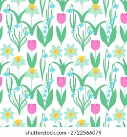 Flores de primavera aisladas sobre un fondo blanco. Patrón sin fisuras debajo de la máscara de recorte, conveniente para la edición. Lily del valle, narciso, snowdrops, tulipán y olvídame no en un estilo plano.